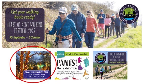 A collage of event banners. The top banner features a group of walkers for the Heart of Kent Walking Festival. Below are smaller banners for the Glow Illumination Trail at Cobtree Manor Park and a museum exhibition.