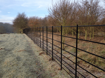 A low-level fence formed of metal bars. The vertical uprights are spaced approximately 1m apart, forming the rails of fence. In front of trees.