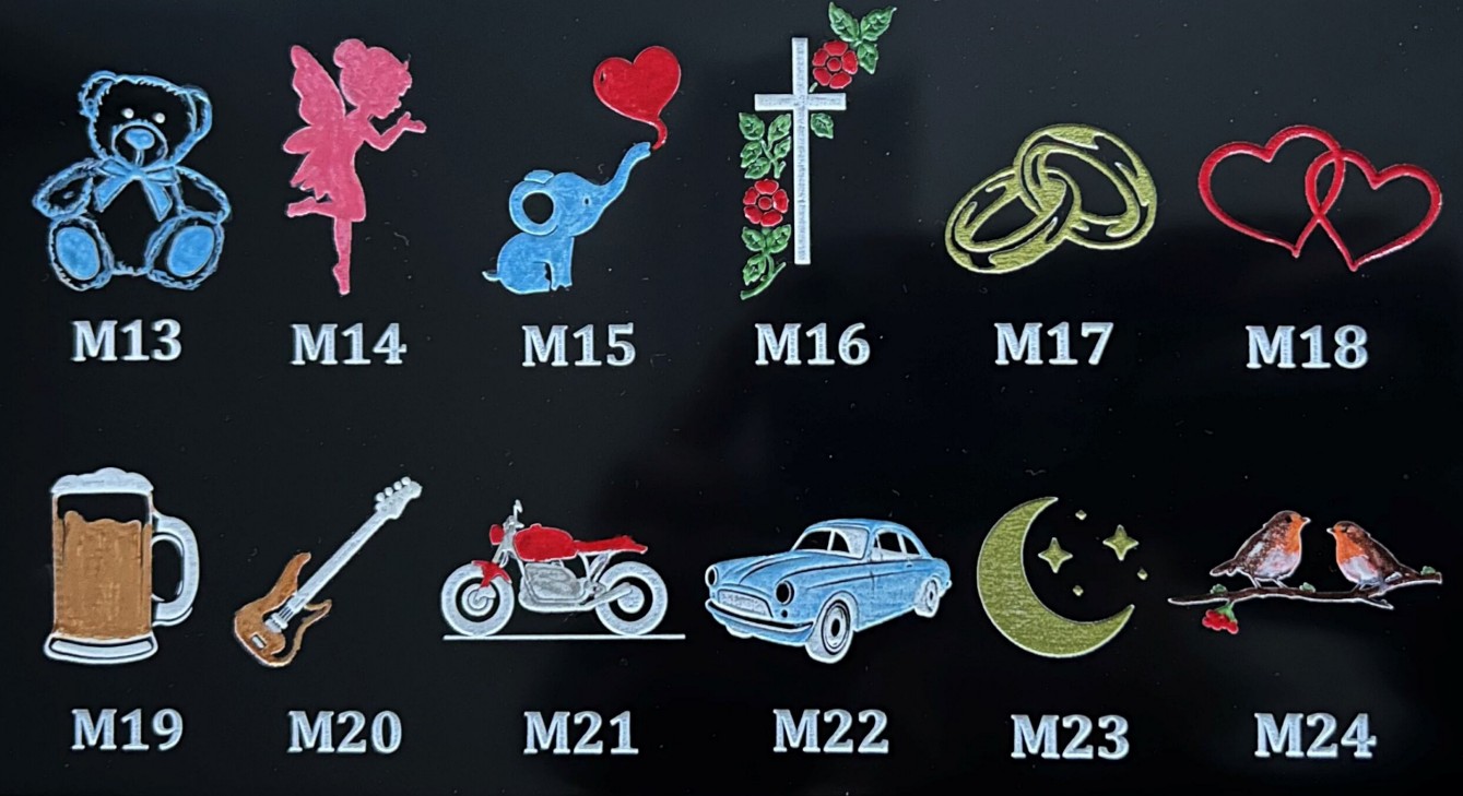 Animal and insect motifs designed for headstone decoration. Includes a butterfly, cat, bird and dog. 