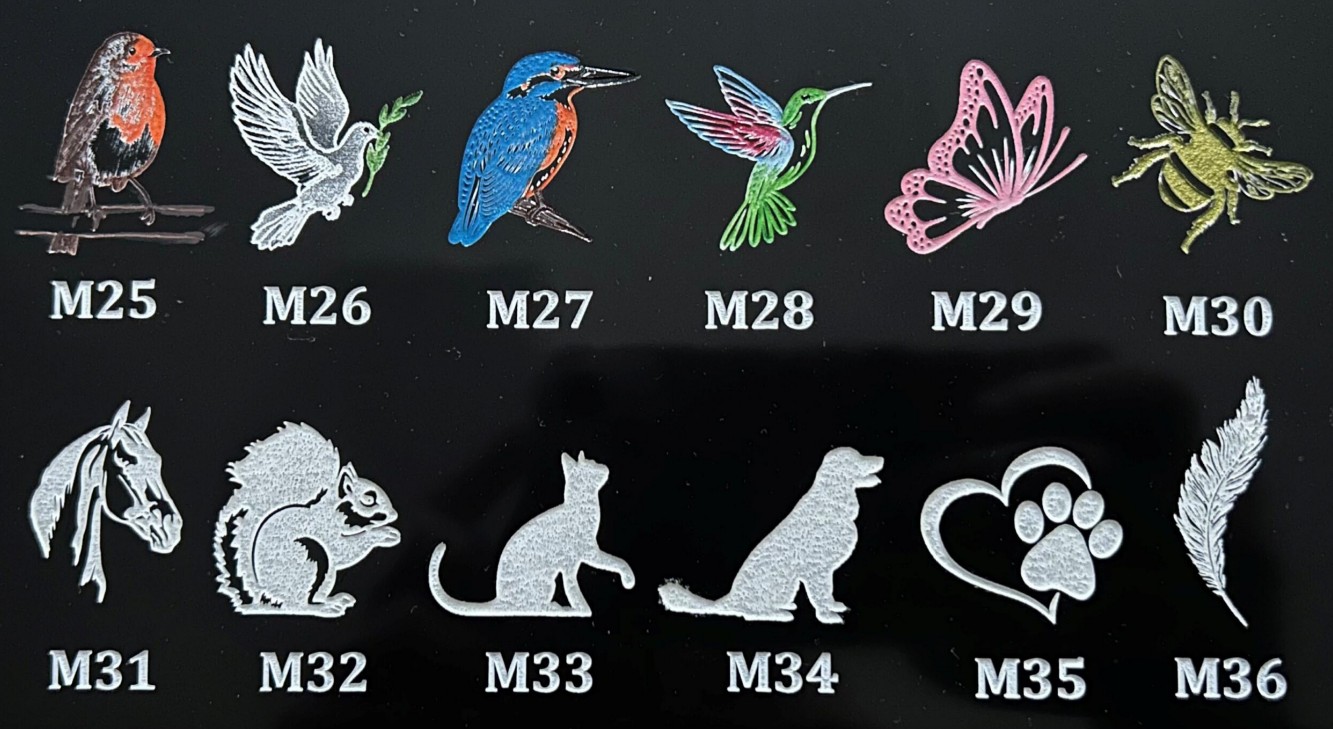 Religious and leisure motifs for a headstone. Includes hearts, fairies, a car and a cross.