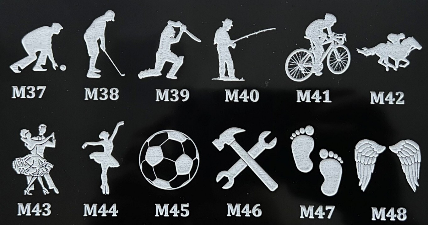 Motifs representing life activities and moments, including sports, hobbies, and a wedding.