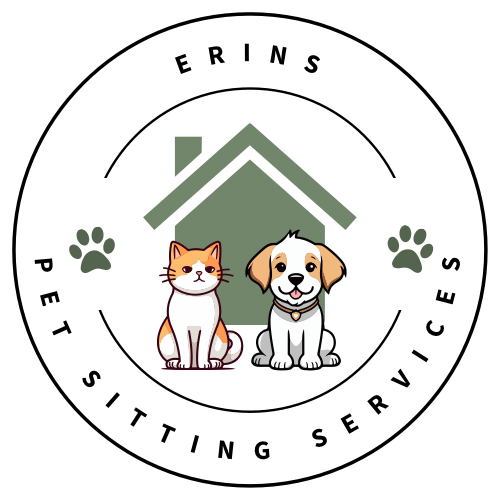 Erin's Pet Sitting Services logo featuring an illustration of a cat and dog in front of a house.