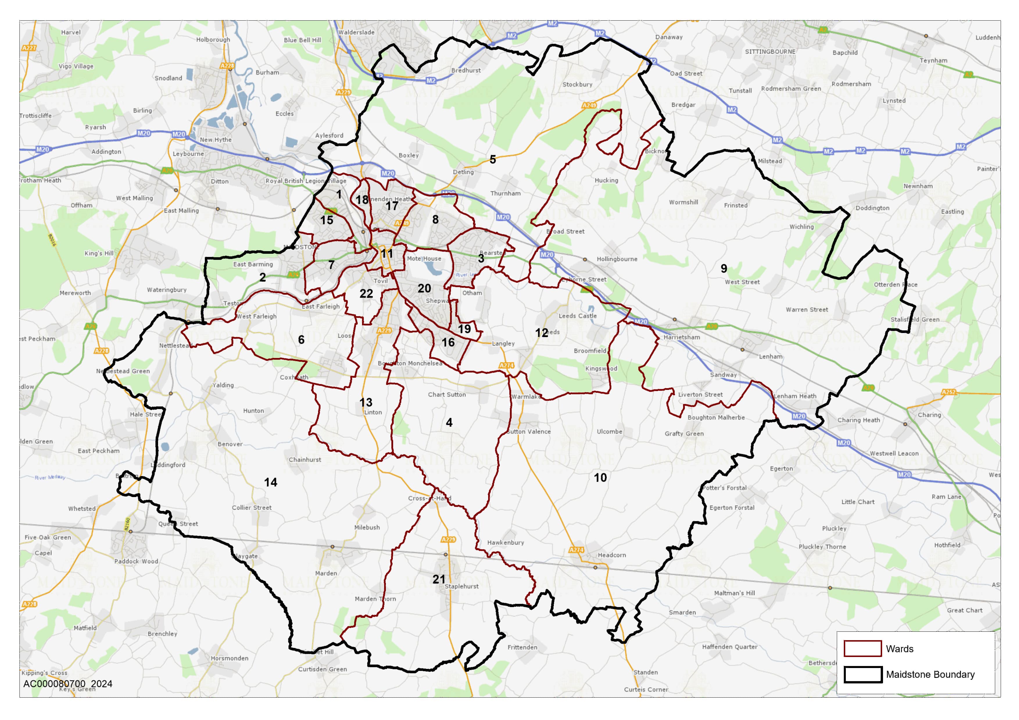 Map outlining the Maidstone Borough Council electoral wards within the Maidstone boundary.