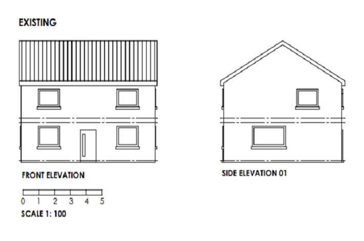 An example of an acceptable existing elevation scale at a scale of 1:100. The plan outlines what the building looks like from the outside. The front, rear and side elevations are labelled underneath. Windows and doors are clearly shown. The floor levels are drawn with dashed horizontal lines. The roof is identified with vertical lines. The scale bar is at the bottom of the plan. Picture one of two.