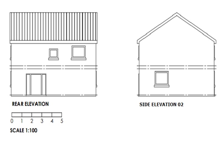 An example of an acceptable existing elevation scale at a scale of 1:100. The plan outlines what the building looks like from the outside. The front, rear and side elevations are labelled underneath. Windows and doors are clearly shown. The floor levels are drawn with dashed horizontal lines. The roof is identified with vertical lines. The scale bar is at the bottom of the plan. Picture two of two.