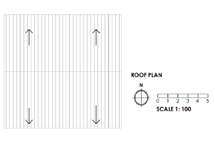 An example of an acceptable existing roof plan at a scale of 1:100. The plan outlines the shape of the roof. Arrows identify the direction of the roof slopes. The scale bar is at the bottom of the plan next to the north compass.