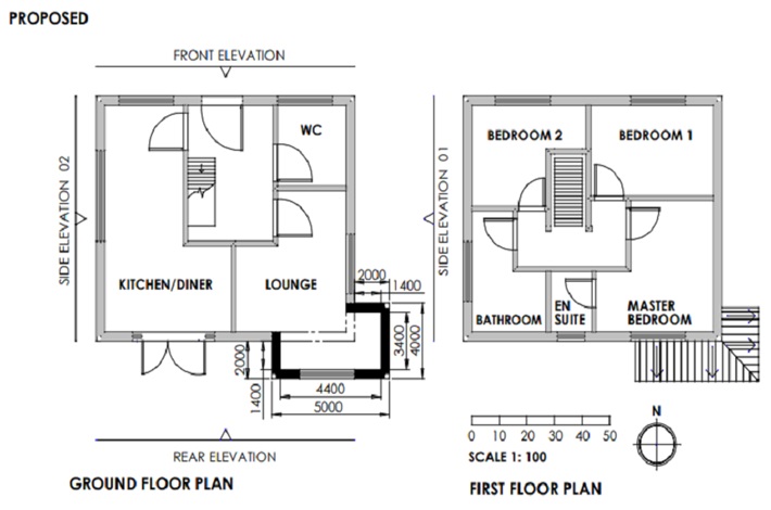 An example of an acceptable proposed floor plan at a scale of 1:50 or 1:100. The plan outlines the individual rooms in the house. Doorways, staircases and windows are identified. The front, rear and side elevations are clearly labelled. A black square at the bottom of the left drawing outlines the walls of the proposed extension. Measurements are included along with arrows. The drawing on the right outlines the roof of the proposed extension. The lines show the direction of the roof.