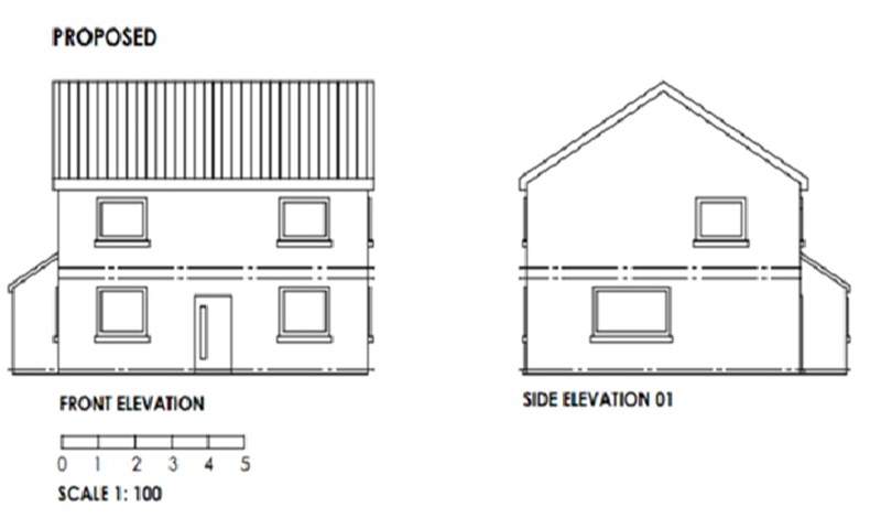 An example of an acceptable proposed elevation scale at a scale of 1:100. The plan outlines what the building looks like from the outside. The front, rear and side elevations are labelled underneath. Windows and doors are drawn as squares. The floor levels are drawn with dashed horizontal lines. The roof is identified with vertical lines. The proposed extension has been clearly added. The scale bar is at the bottom of the plan. Picture one of two.