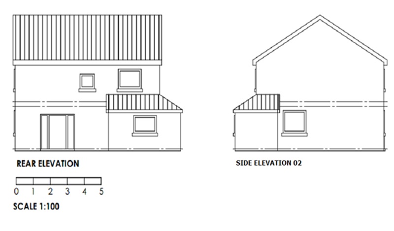 An example of an acceptable proposed elevation scale at a scale of 1:100. The plan outlines what the building looks like from the outside. The front, rear and side elevations are labelled underneath. Windows and doors are drawn as squares. The floor levels are drawn with dashed horizontal lines. The roof is identified with vertical lines. The proposed extension has been clearly added. The scale bar is at the bottom of the plan. Picture two of two.