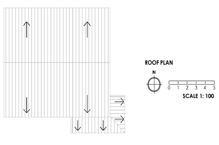 An example of an acceptable proposed roof plan at a scale of 1:100. The plan outlines the shape of the roof. Arrows identify the direction of the roof slopes. The roof of the proposed extension is added to the bottom right. The scale bar is at the bottom of the plan next to the north compass.