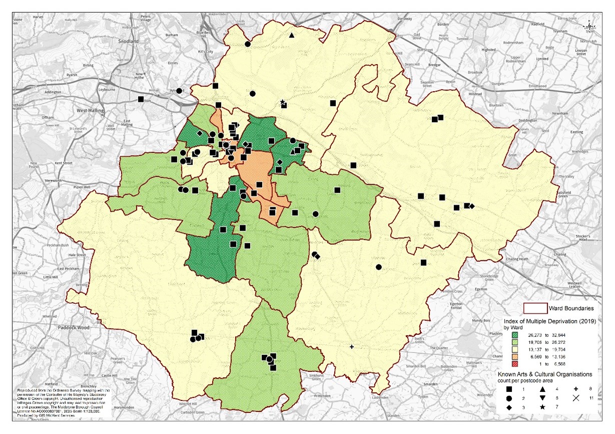 Map 1: Areas of highest deprivation in Maidstone borough A map showing the Index of Multiple Deprivation by ward boundaries, color-coded in green, yellow, and orange. Symbols like black squares, triangles, circles, and stars mark arts and cultural groups.