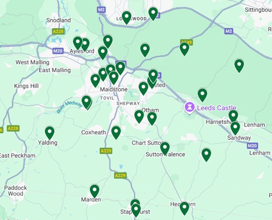A map showing the locations of art and craft groups in and around Maidstone, UK, marked by green pins.