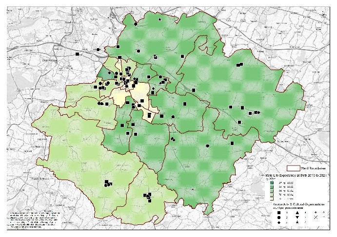 Map showing life expectancy at birth (2015–2021) by area in shades of green. Darker green means higher life expectancy. Black symbols mark ward boundaries and health and social care locations.