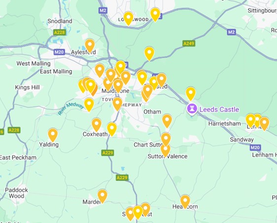 Map of Maidstone area in Kent, UK, showing towns, major roads, and yellow markers for dance group locations.