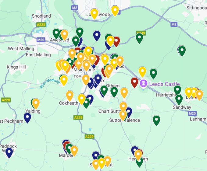 Map of Maidstone area and nearby towns showing color-coded markers for locations of dance, art and craft, music, and theatre groups.