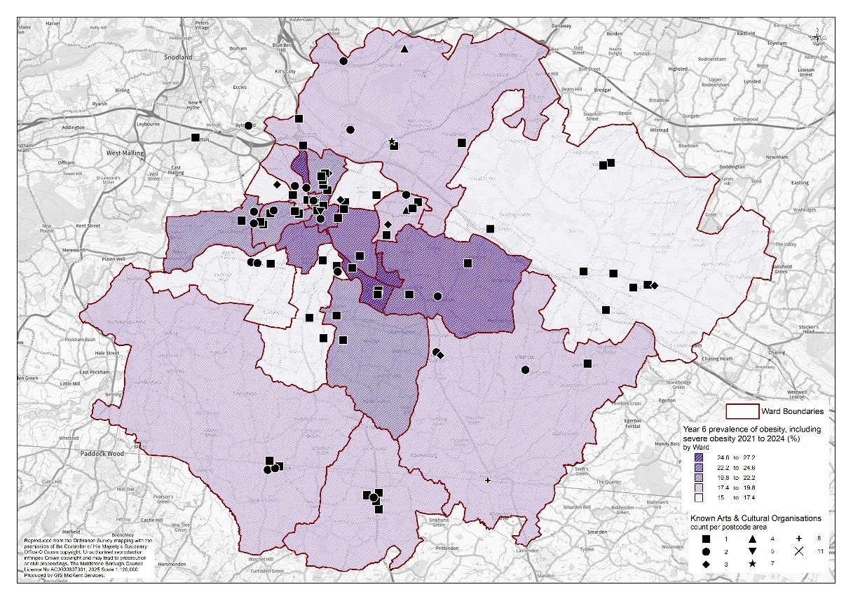 A map showing Year 6 obesity prevalence by area, shaded in purple to indicate percentage ranges. Red lines mark ward boundaries, and symbols show arts and cultural groups by postcode area.