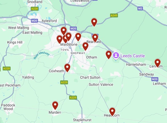 Map of Maidstone area in Kent, UK, showing red pins for locations of theatre groups. Includes towns like Bearsted, Lenham, and Headcorn, with major roads and Leeds Castle marked.